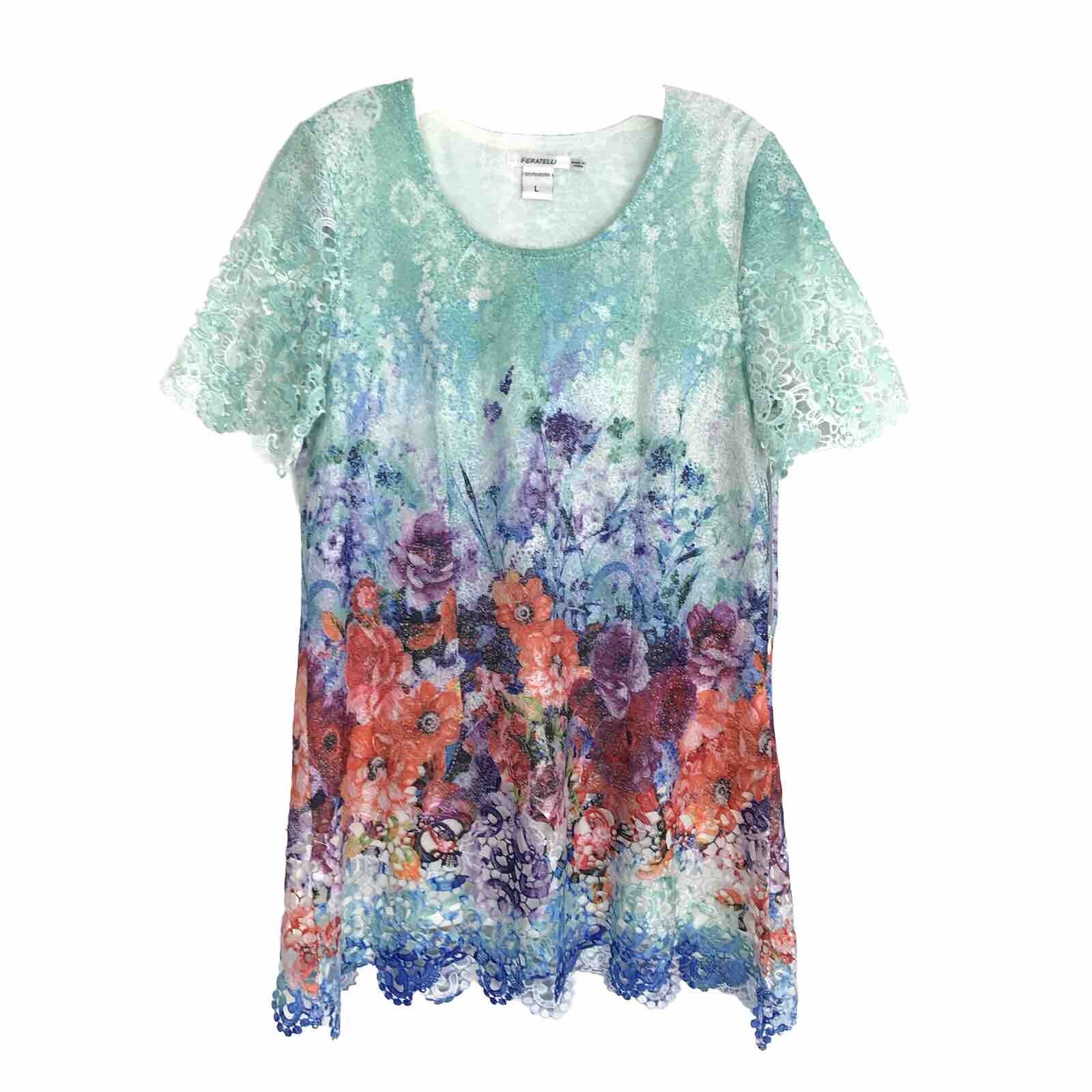 Feratelli Womens Short Sleeve Floral Lace Tunic Top Large Mint Green Red Blue