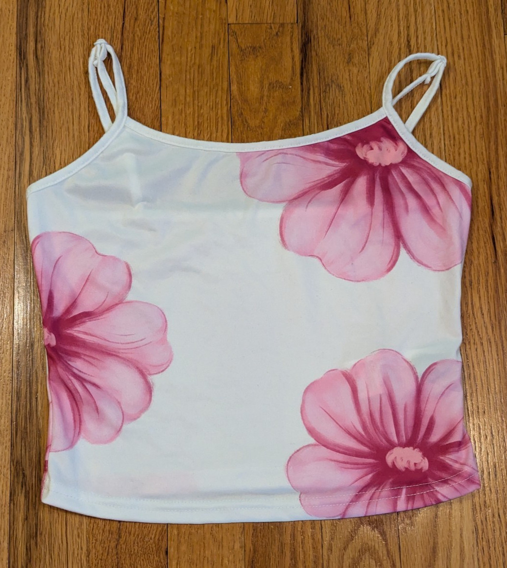 Shein Women’s White Pink Flowers Floral Top Crop Size XS US 2 EU 34 Sleeveless