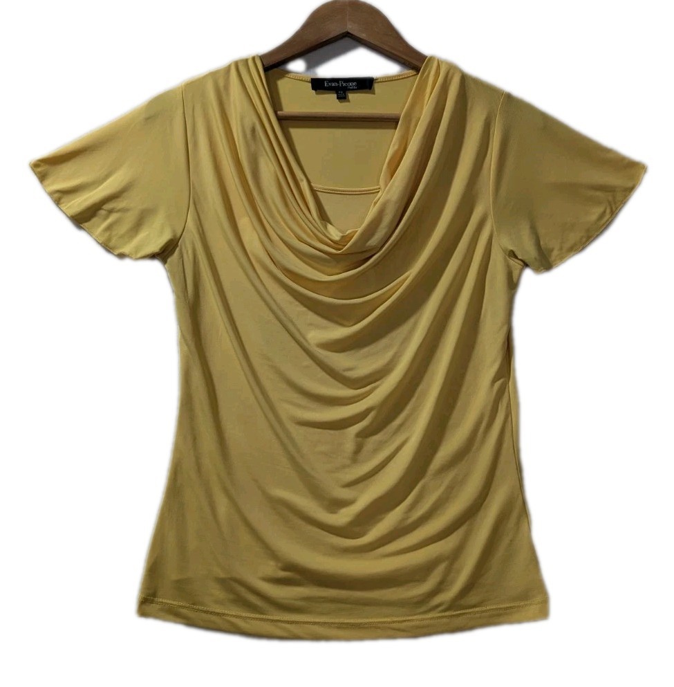 Evan Picone Petite PS Yellow Cowl Neck Stretch Blouse Short Sleeve Top