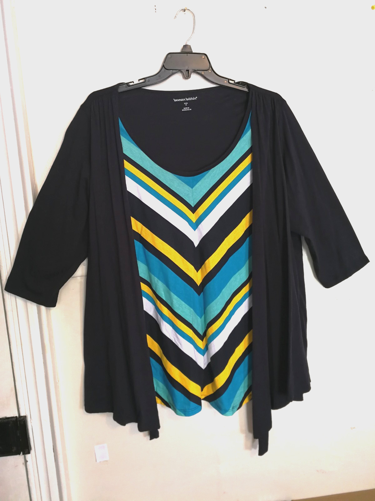 Woman Within Cardigan Blouse 1X Plus 22/24 Blue Layered 2-In-1 Tunic 3/4 Sleeve