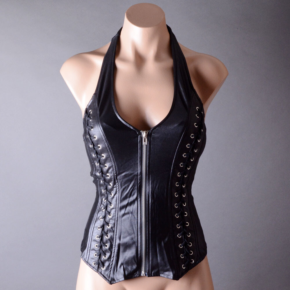 Faux Leather Steampunk Goth Punk Zipper Wetlook Lace Up Halter Bustier Top S M L