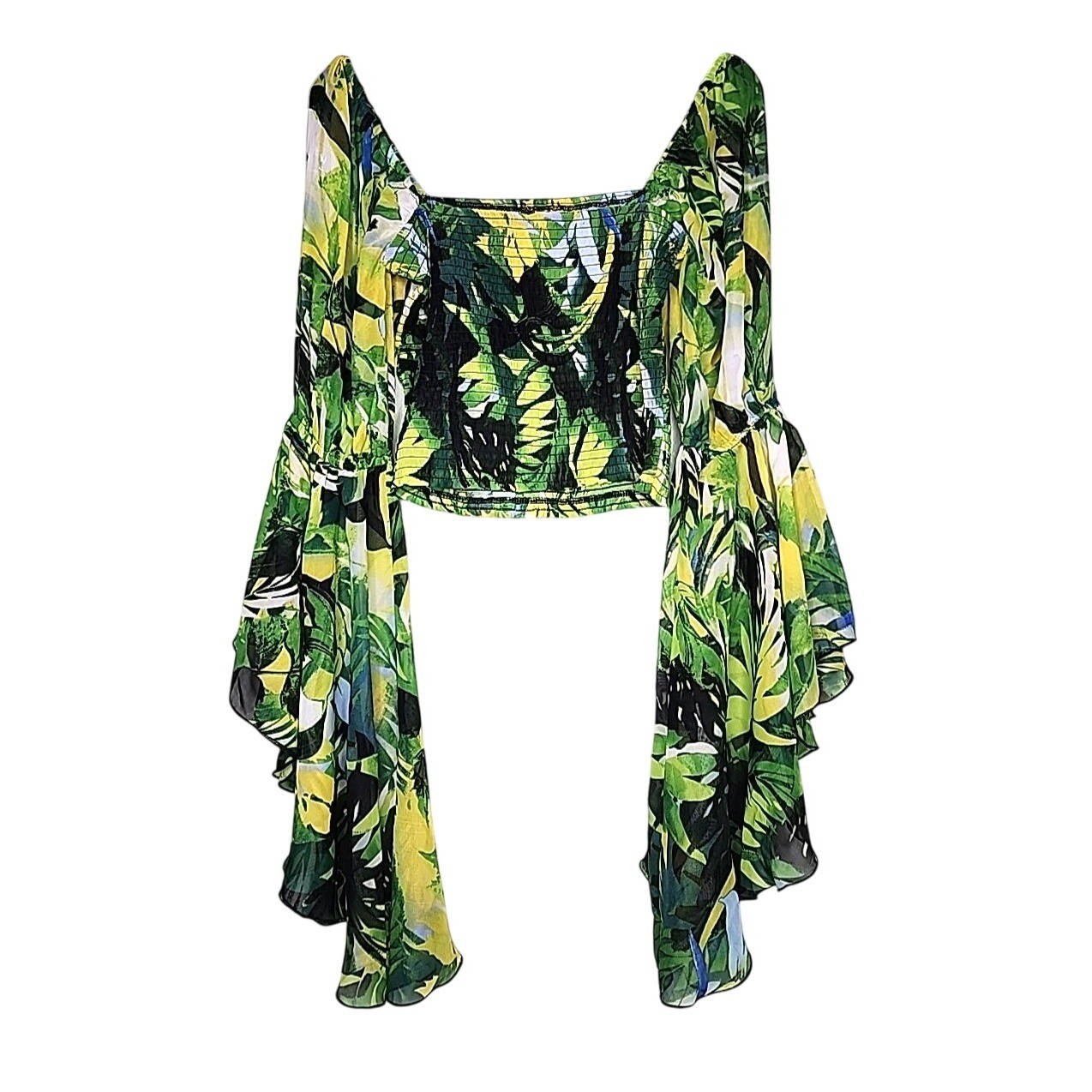 Live 4 Truth Crop Top M Green Yellow Palm Print Smocked Angel Sleeve Resort