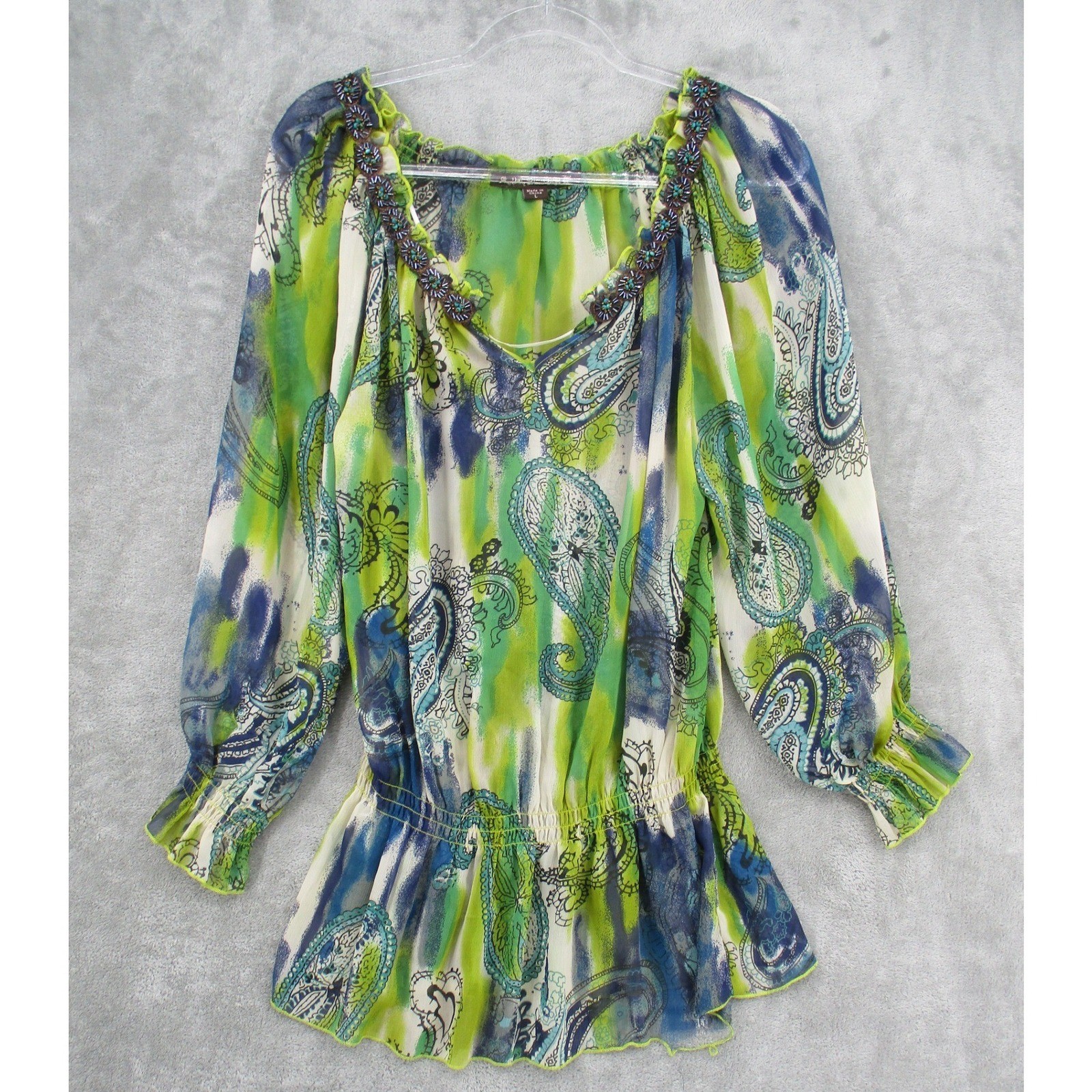 Mushka by Sienna Rose Blouse Women Large Paisley Sheer Beaded Neck Elastic Waist