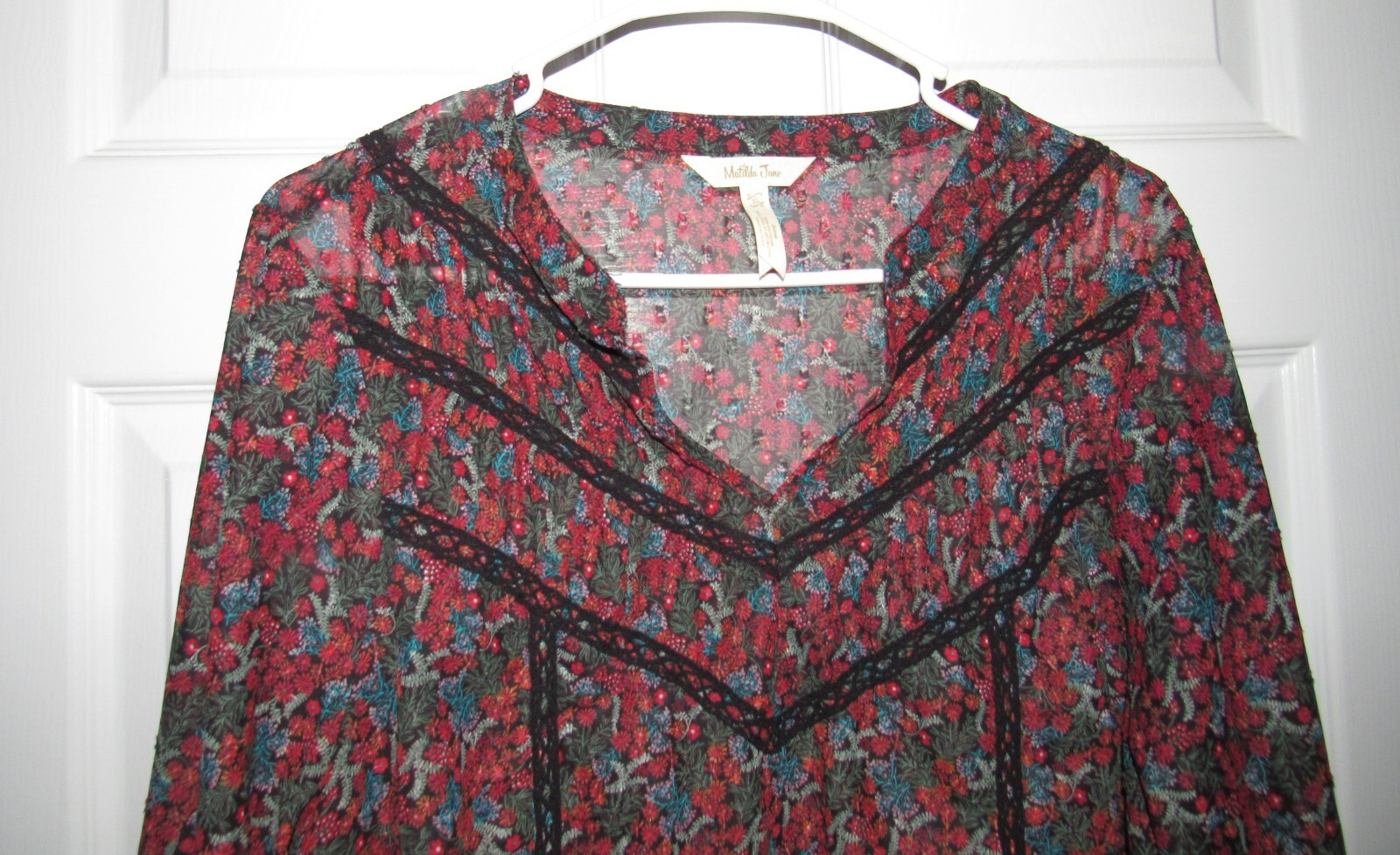 MATILDA JANE Women’s XL Colorful Top Shirt Floral Lace Trim Deep Red Blue Green