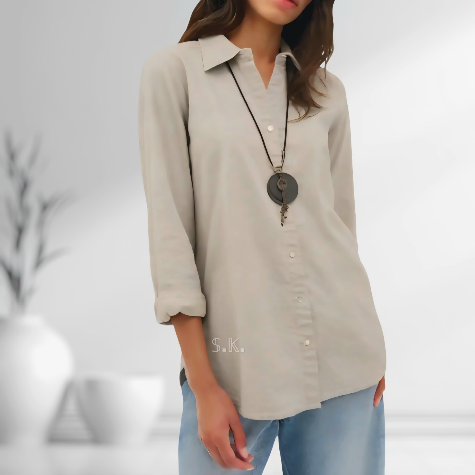 NEW – BELLE KIM GRAVEL Button-up Tunic Shirt 3/4 Sleeve Linen Rayon Oatmeal M/L