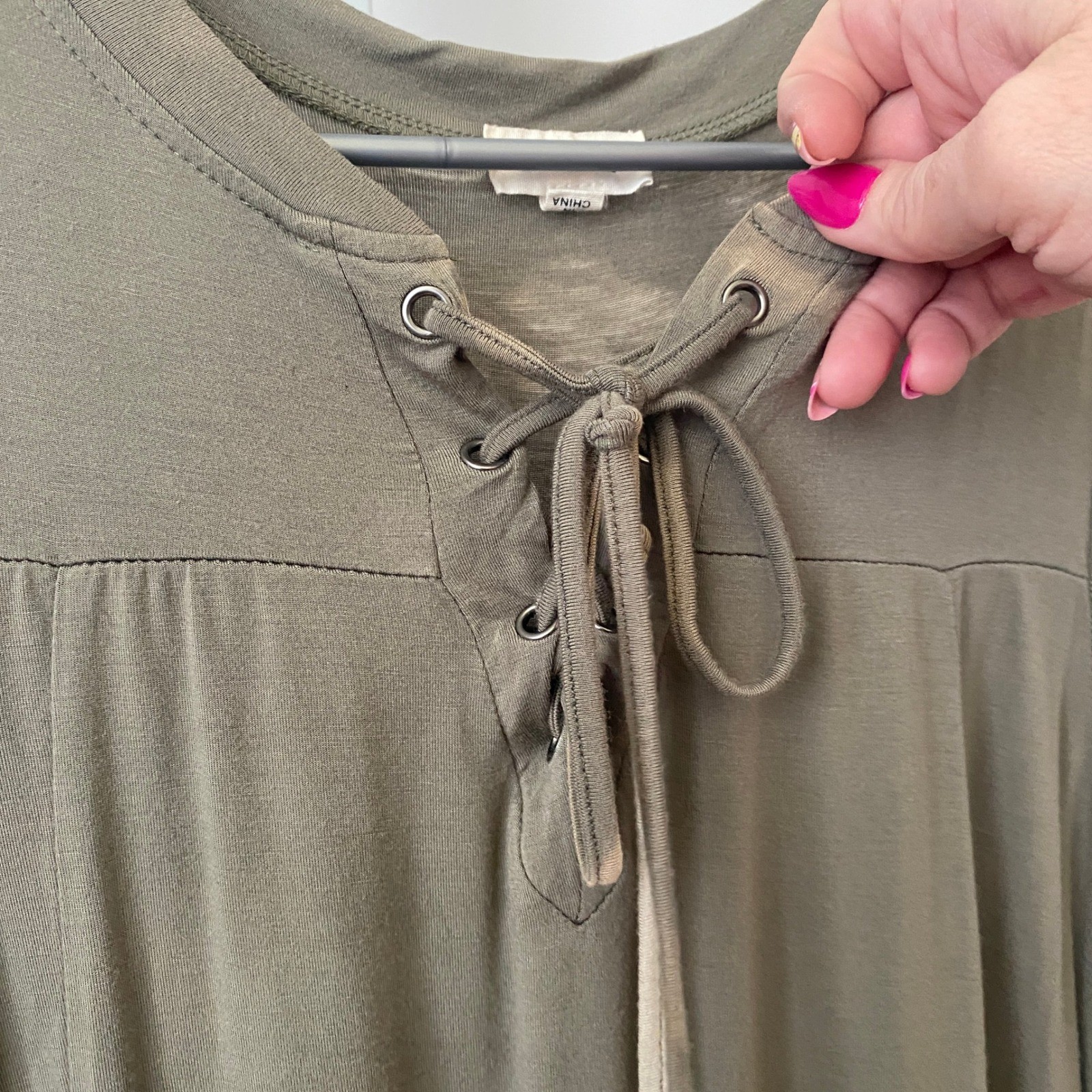 POL Boho Flowy Relaxed Lagenlook Earth Colors Sleeveless Tunic Top Small Olive
