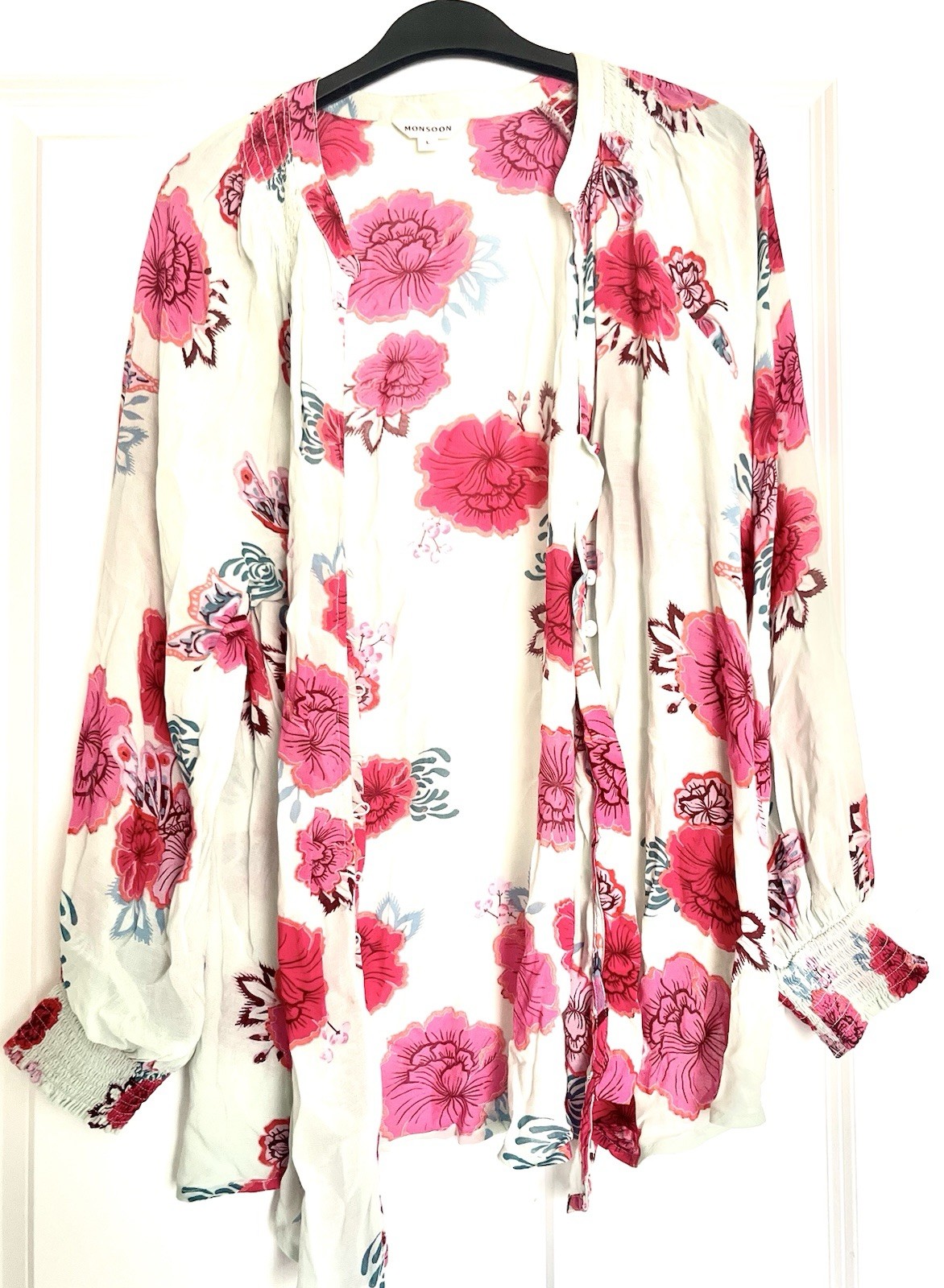 Monsoon Women’s Pink Floral Blouse Long Sleeve Button Top Size UK 16