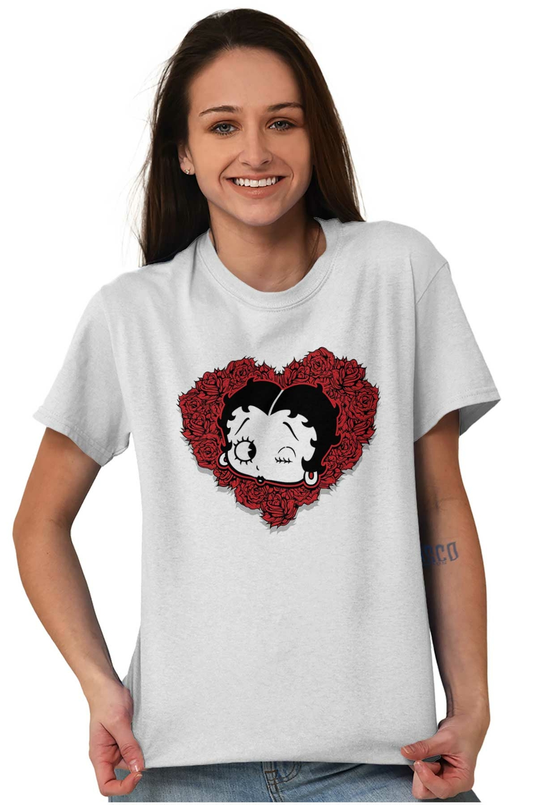 Betty Boop Cartoon Roses Heart Floral Love Womens Graphic Crewneck T Shirt Tee