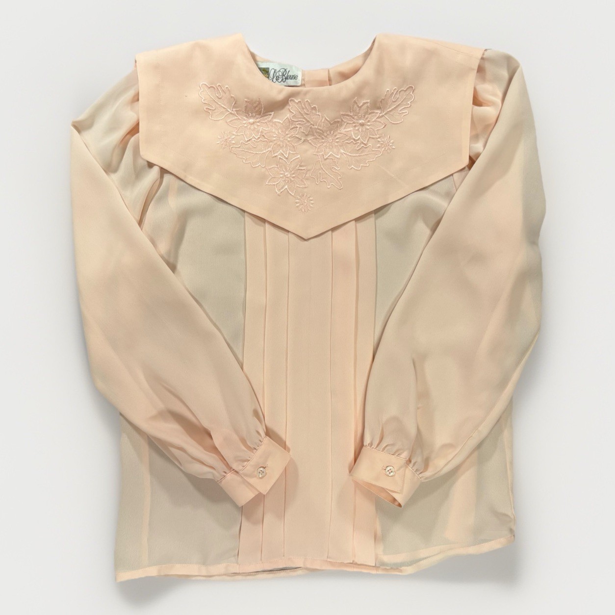 Vintage La Blouse Pink Embroidered Pleated Chiffon Button Long Sleeve Ladies 6