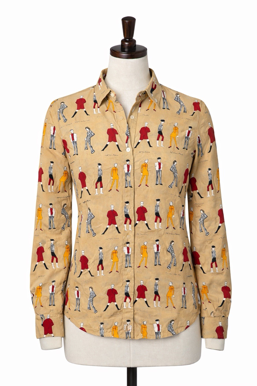 P.I.A.N.O 100% Silk Button-Up Shirt Beige Multicolor Novelty Print Size S
