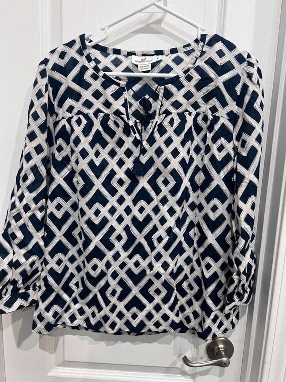 Vineyard Vines Women’s Medium Navy & White Geometric Print Cotton Blouse
