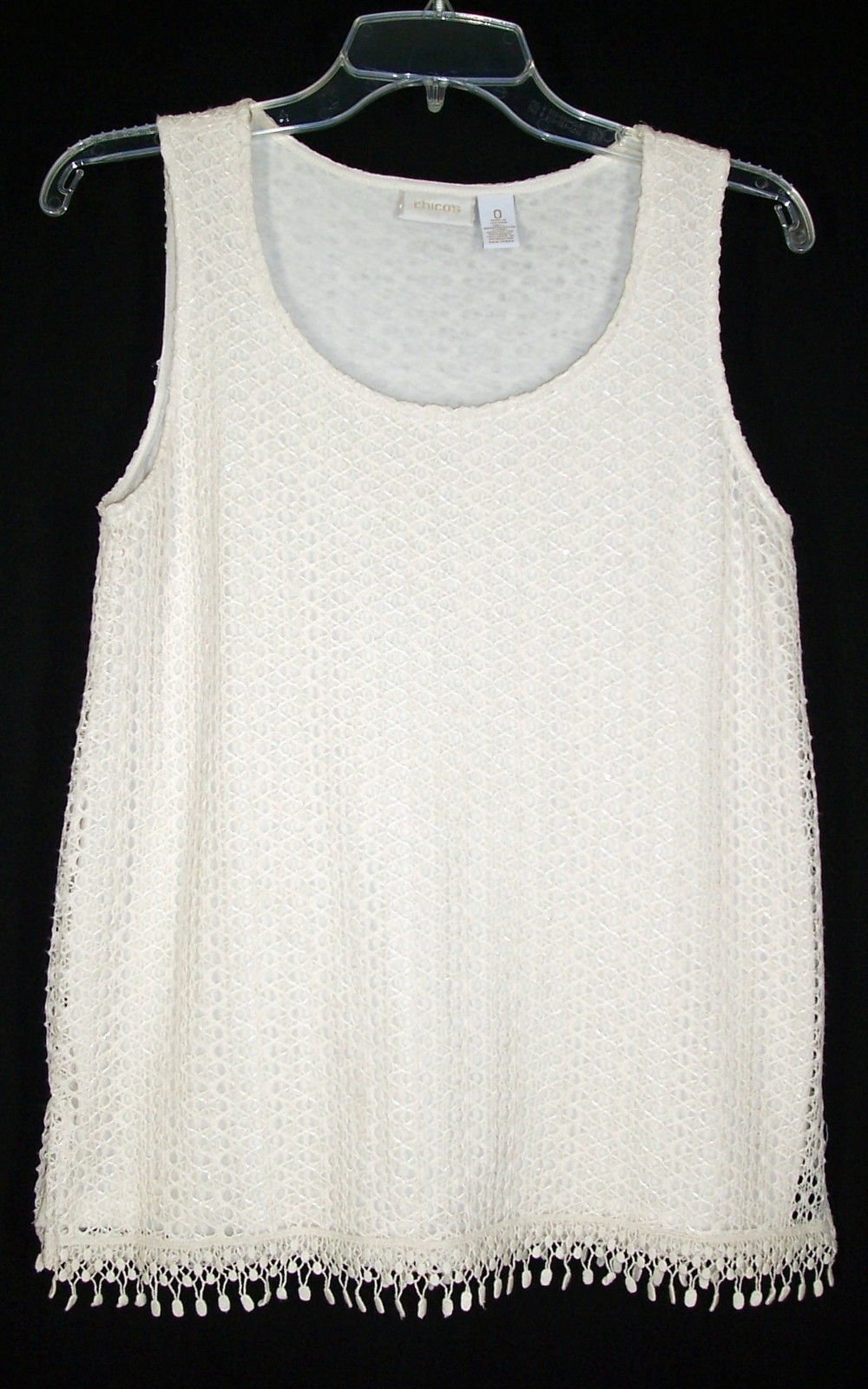 Chicos Tank Top 0 S Shell Ivory Boho Crochet Fringe Sleeveless Top