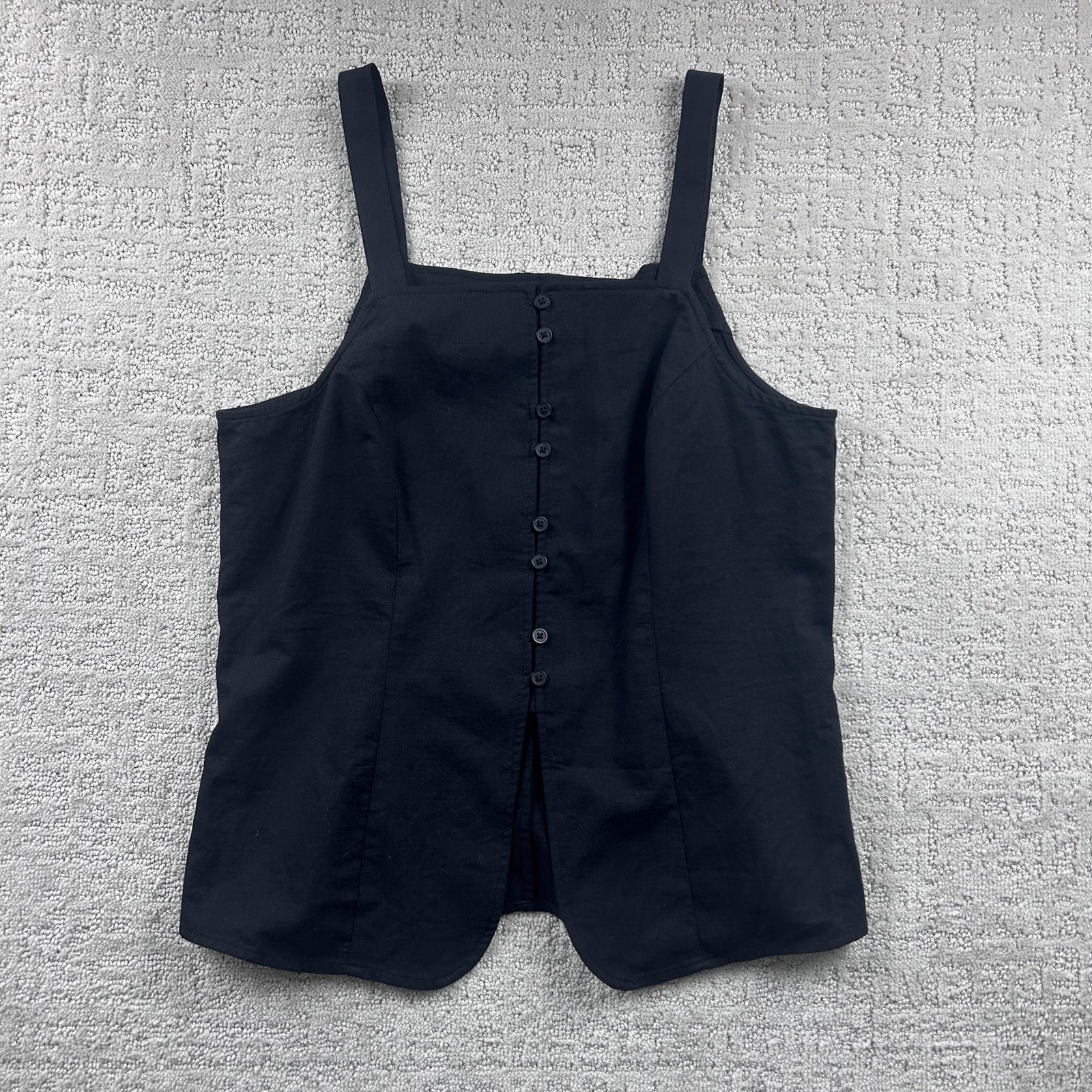 A New Day Tank Top Womens M Black Button Front Square Neck Tie Back Cami Strappy