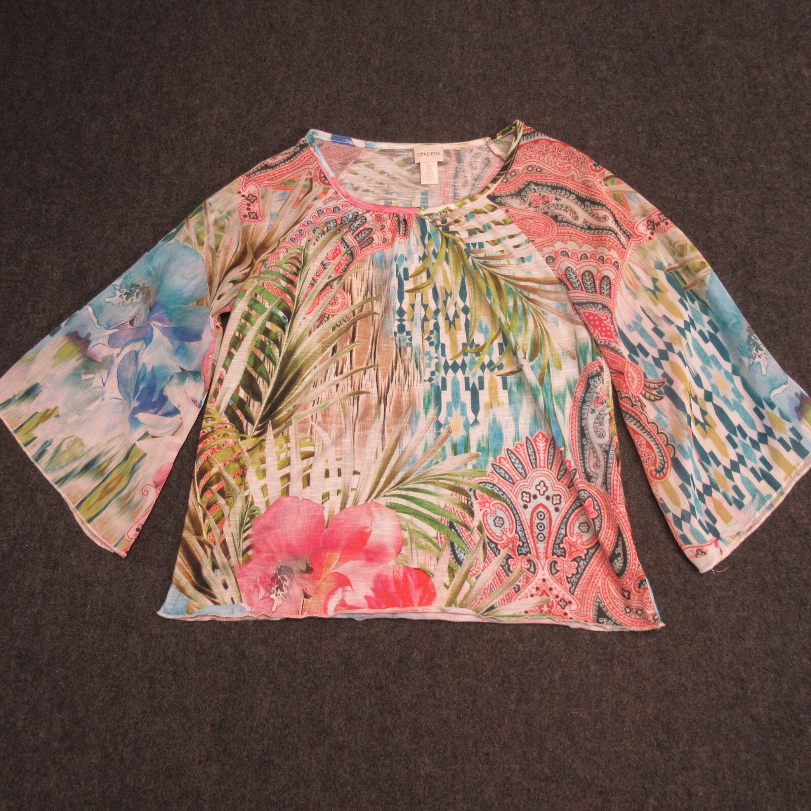 Chico’s Blouse Shirt Top Womens Size 0 Red White Blue Green Lined Colorful Aloha
