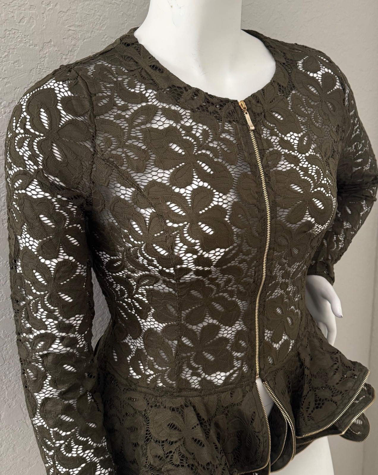 Oh Yes Lace Peplum Top Jacket Zipper Accents Olive Green Plus 1XL 2XL 3XL – New!