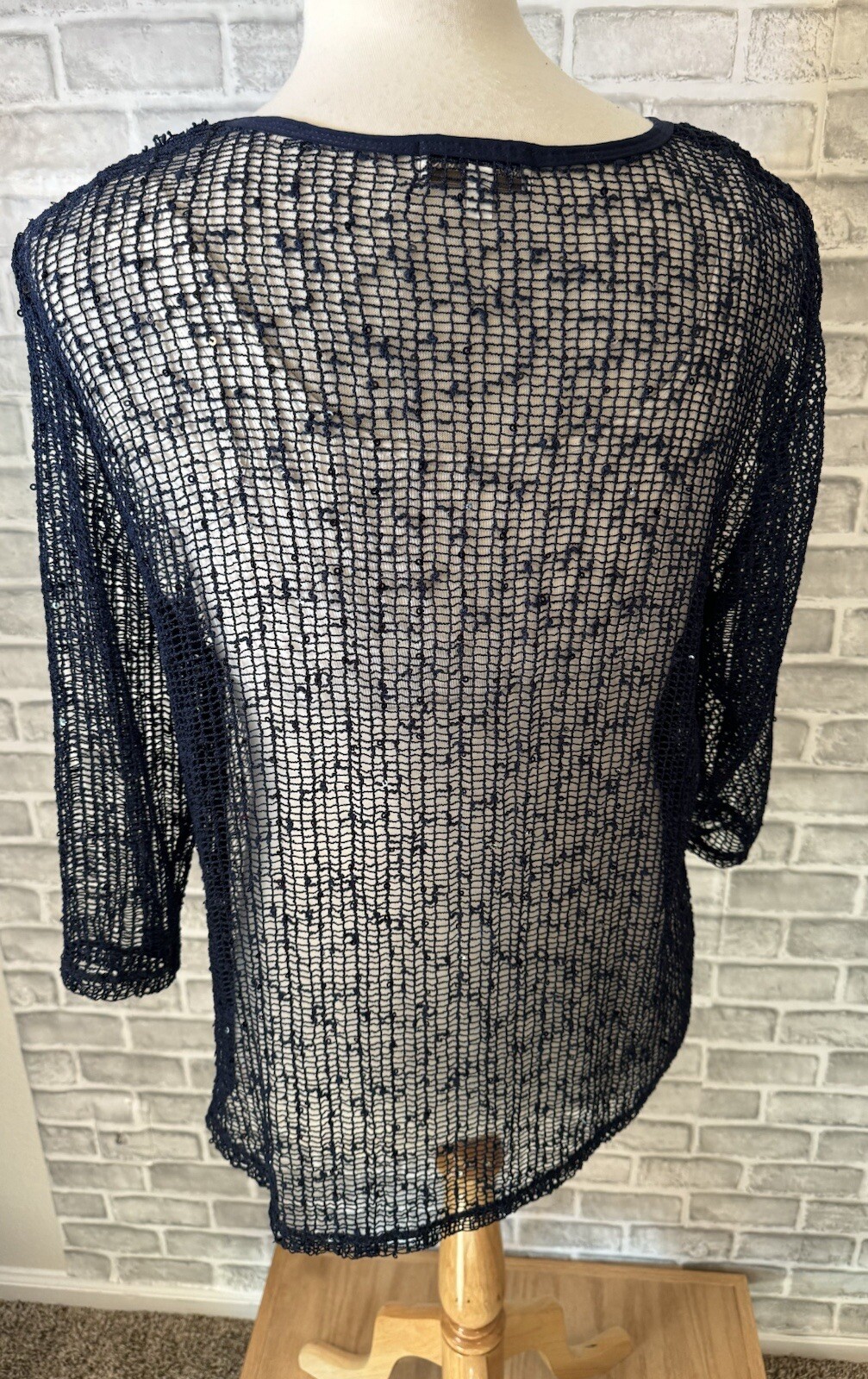 Drapers and Damons XL Navy Blue Sequined Loose Weave Mesh Pullover Top 3/4 SLV