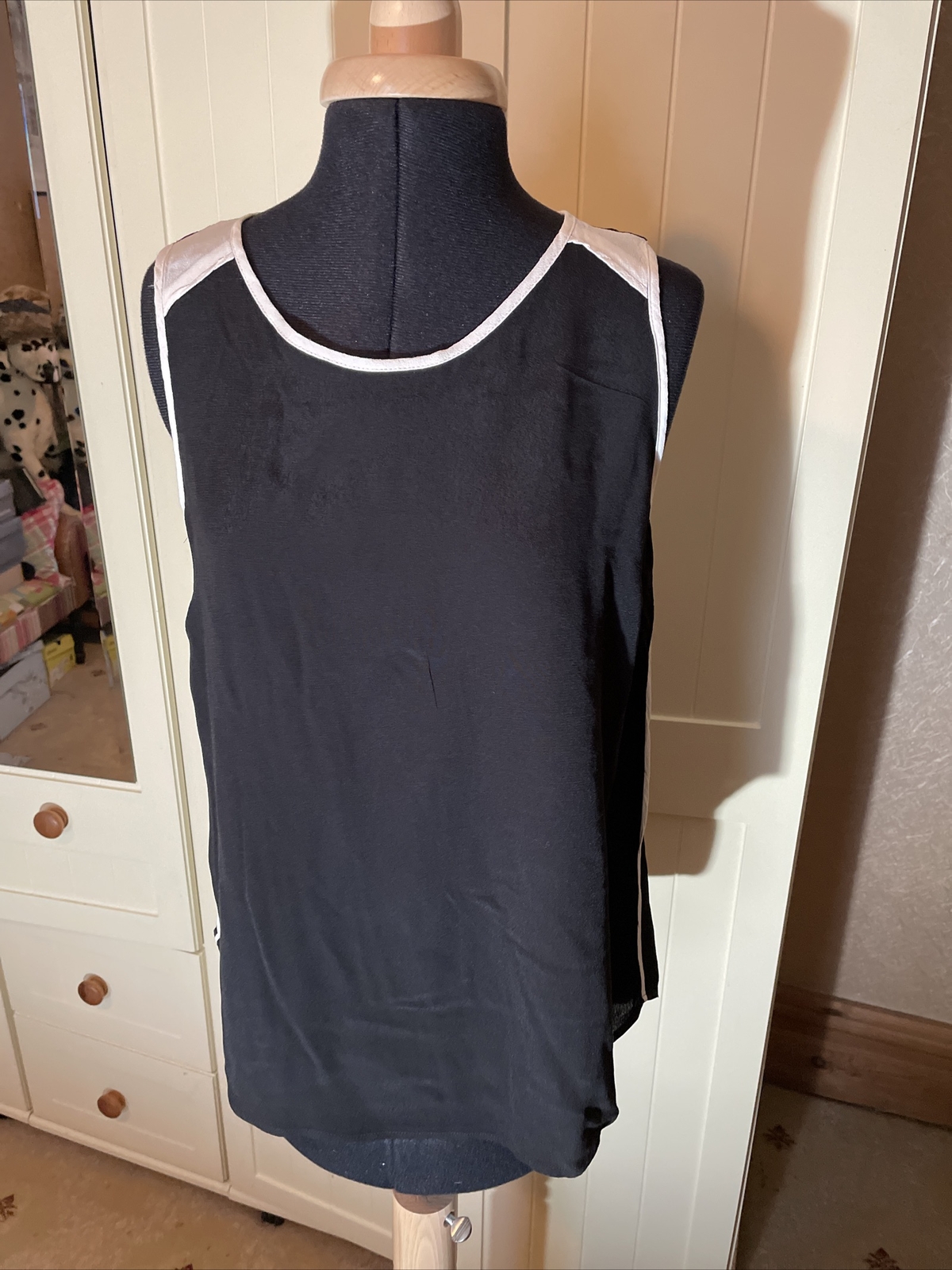 NEXT Ladies Blouse Top UK Size 8 Black Ivory Sleeveless Lightweight Button Back