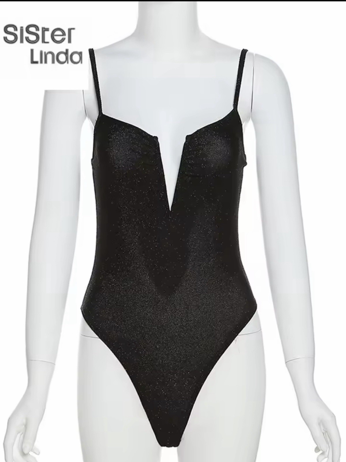 Women Low Cut V Neck Body Suit Top Sexy Black Streetwear Clubwear Large