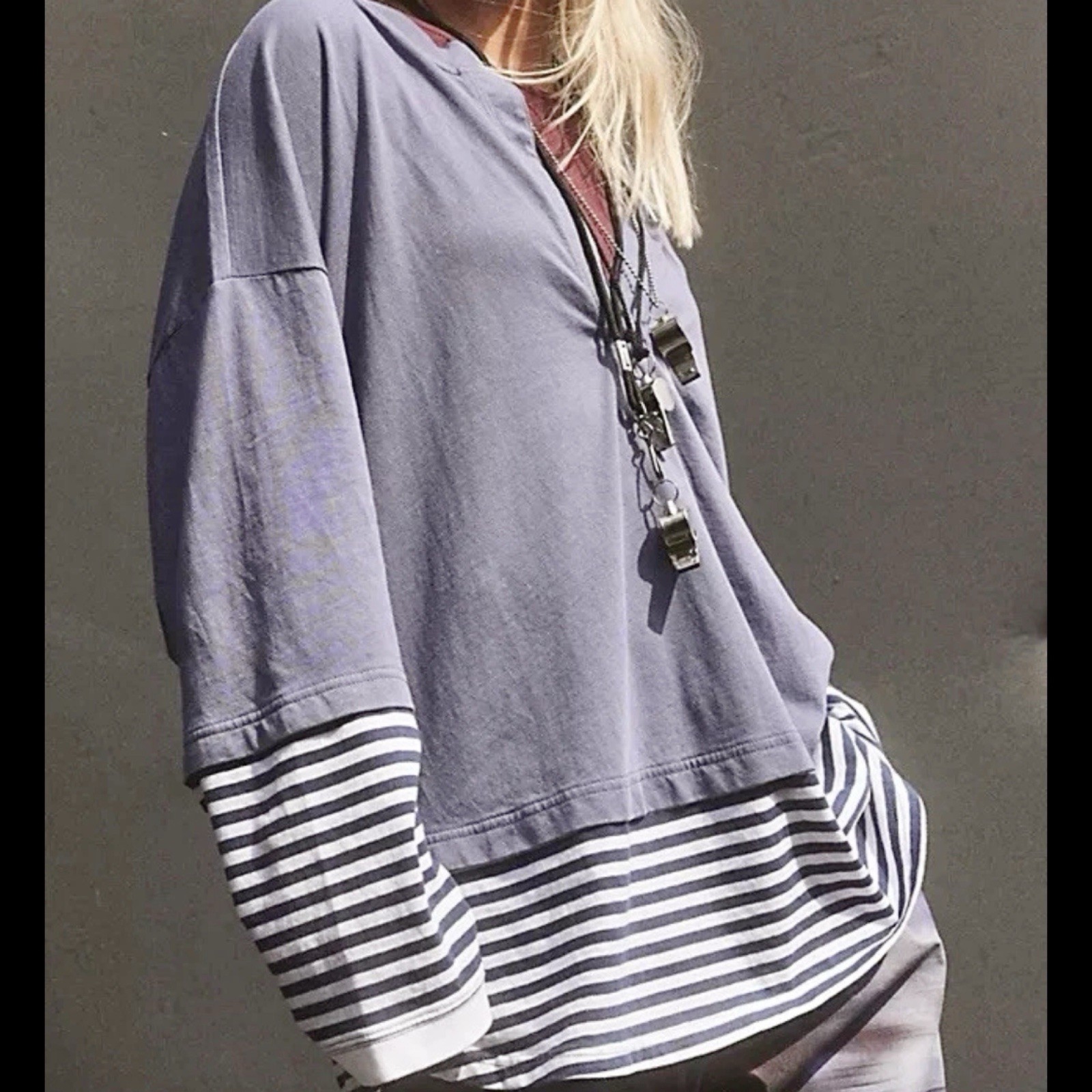 Free People FP Movement Small Side To Side Stripe Oversized Henley Pullover Top