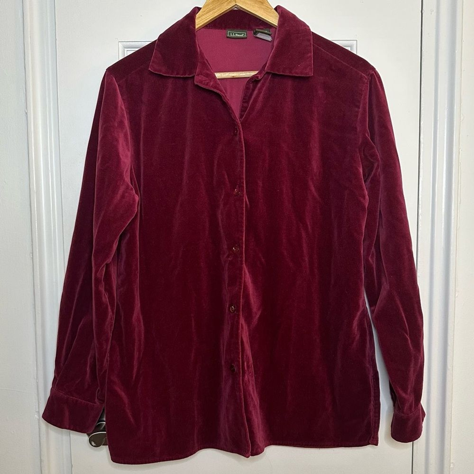 Vintage L.L. Bean Velour Button Down Shirt Burgundy Maroon Holiday Retro Small