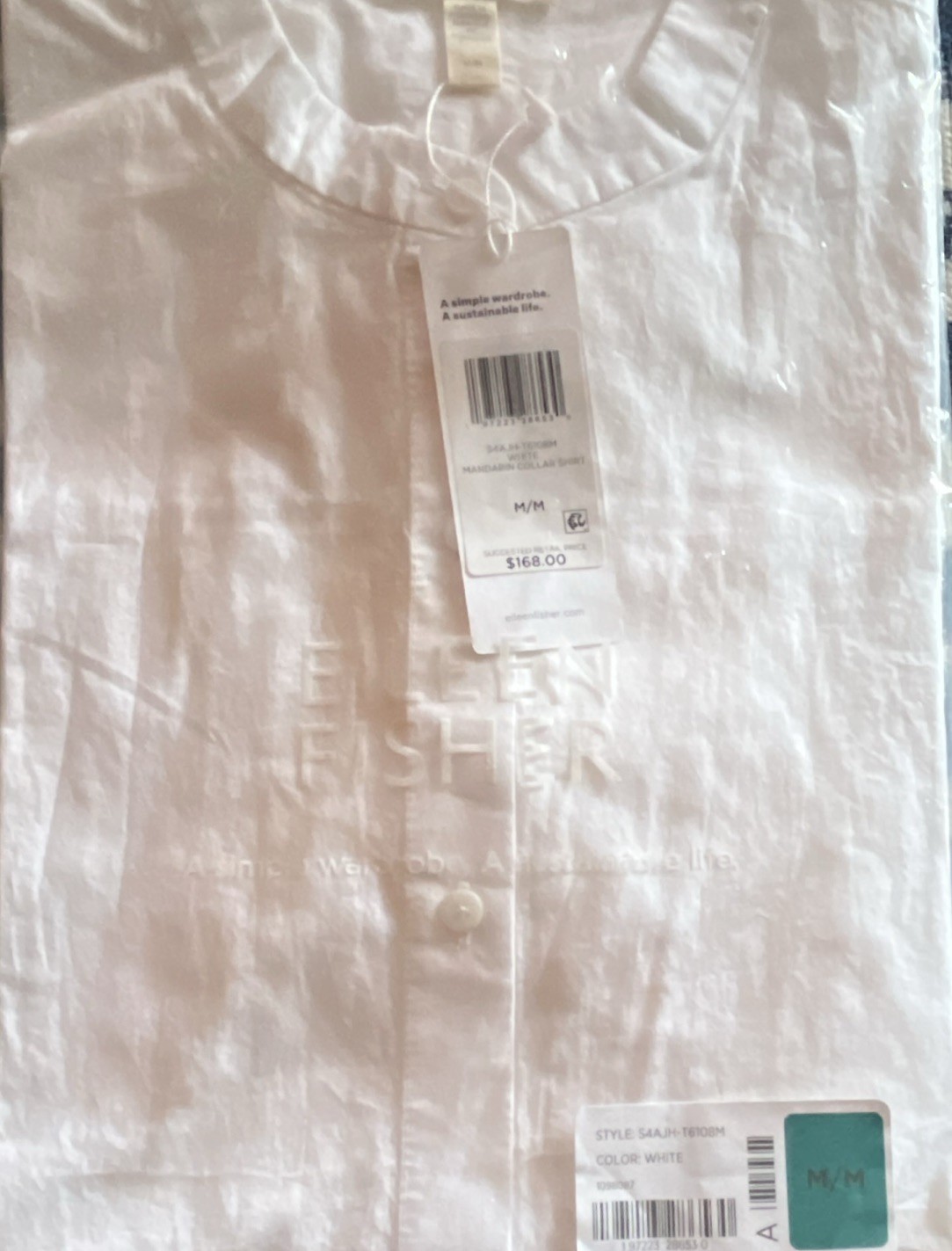 NEW Eileen Fisher M White Solid Linen Woven Mandarin Collar Button-Up Shirt