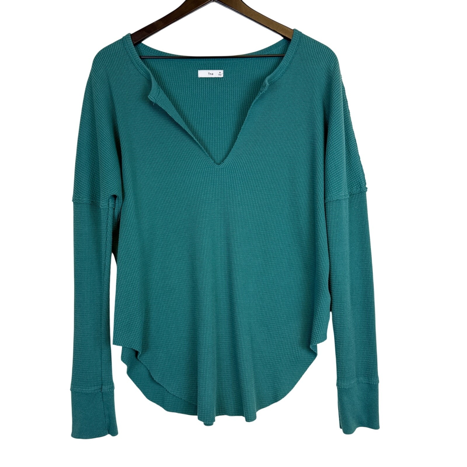 TNA Aritzia Teal Blue VNeck Waffle Knit Long Sleeve Thermal Shirt – M