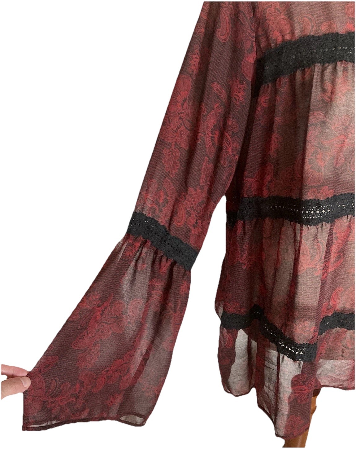 NWT GNW Black Red Floral Sheer Top SZ Large Flare Sleeve Dark Romantic Witchy