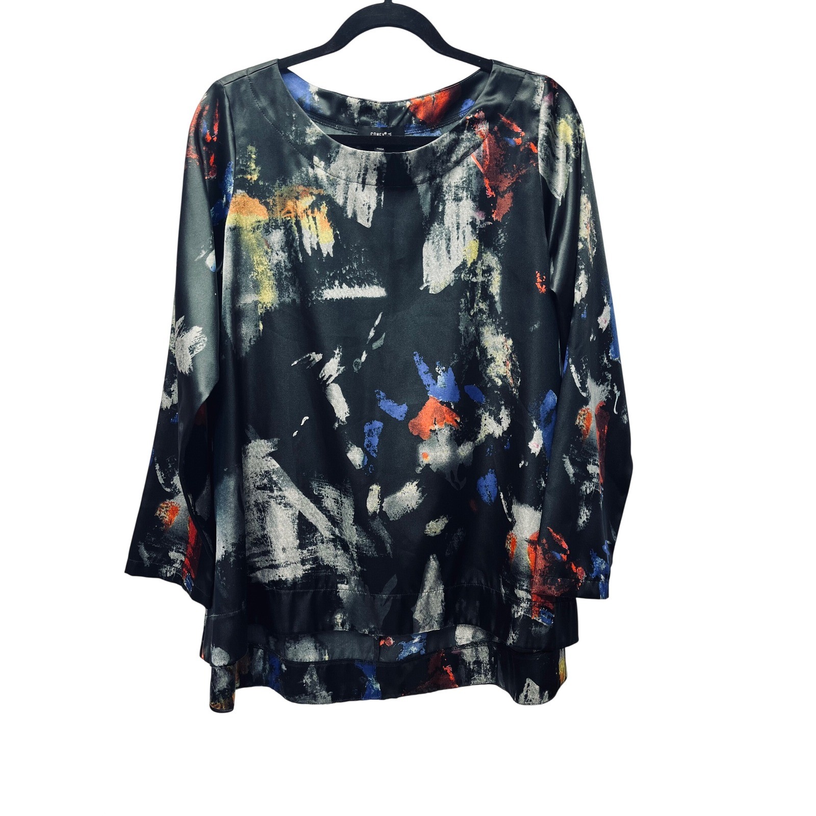 Comfy USA Blouse M Abstract Satin Bold Avant Garde Artsy Lagenlook Creative