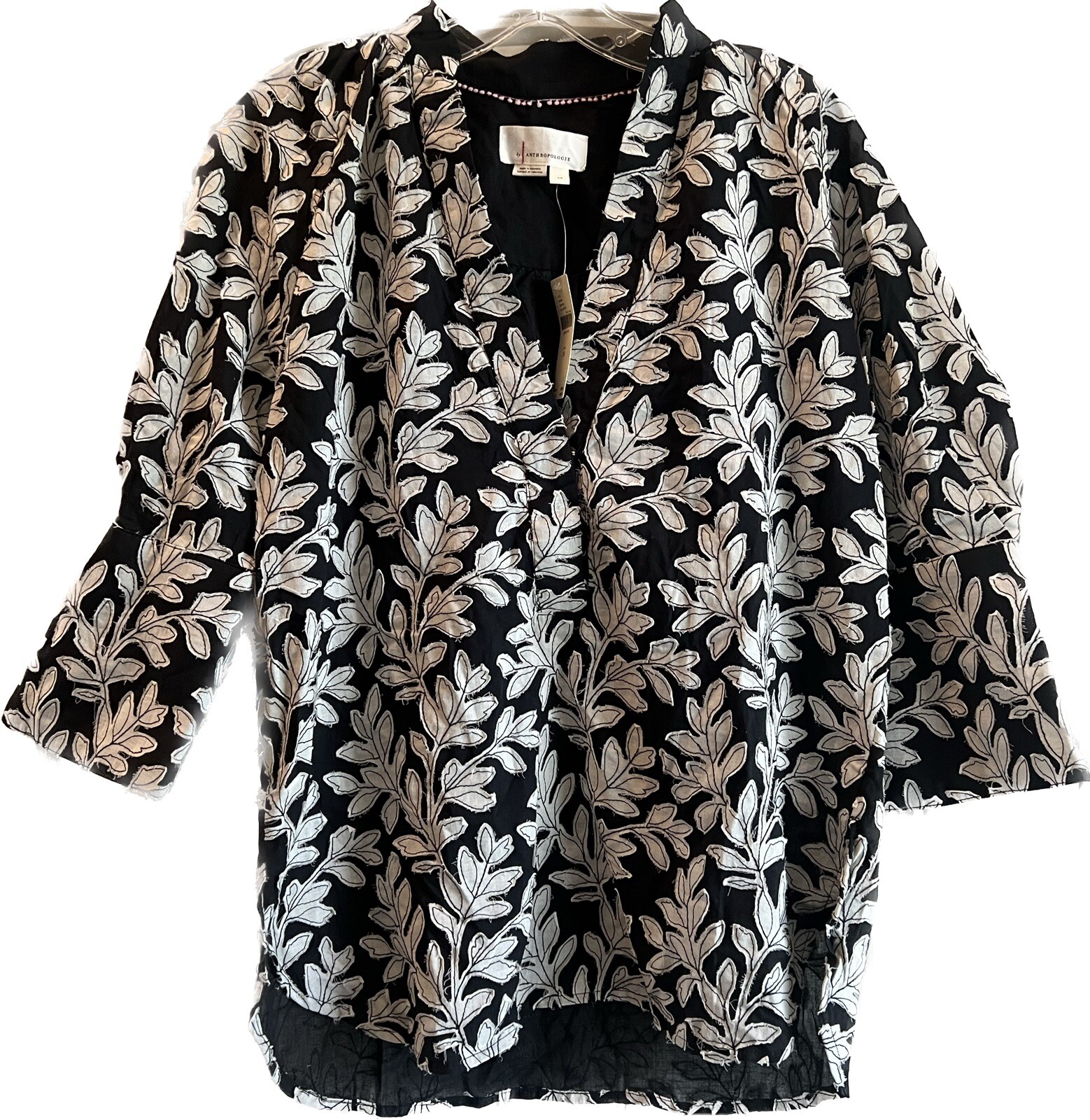 Anthropologie Black White Leaf Leaves Motif Oversized Blouse Top Shirt SZ XS NWT