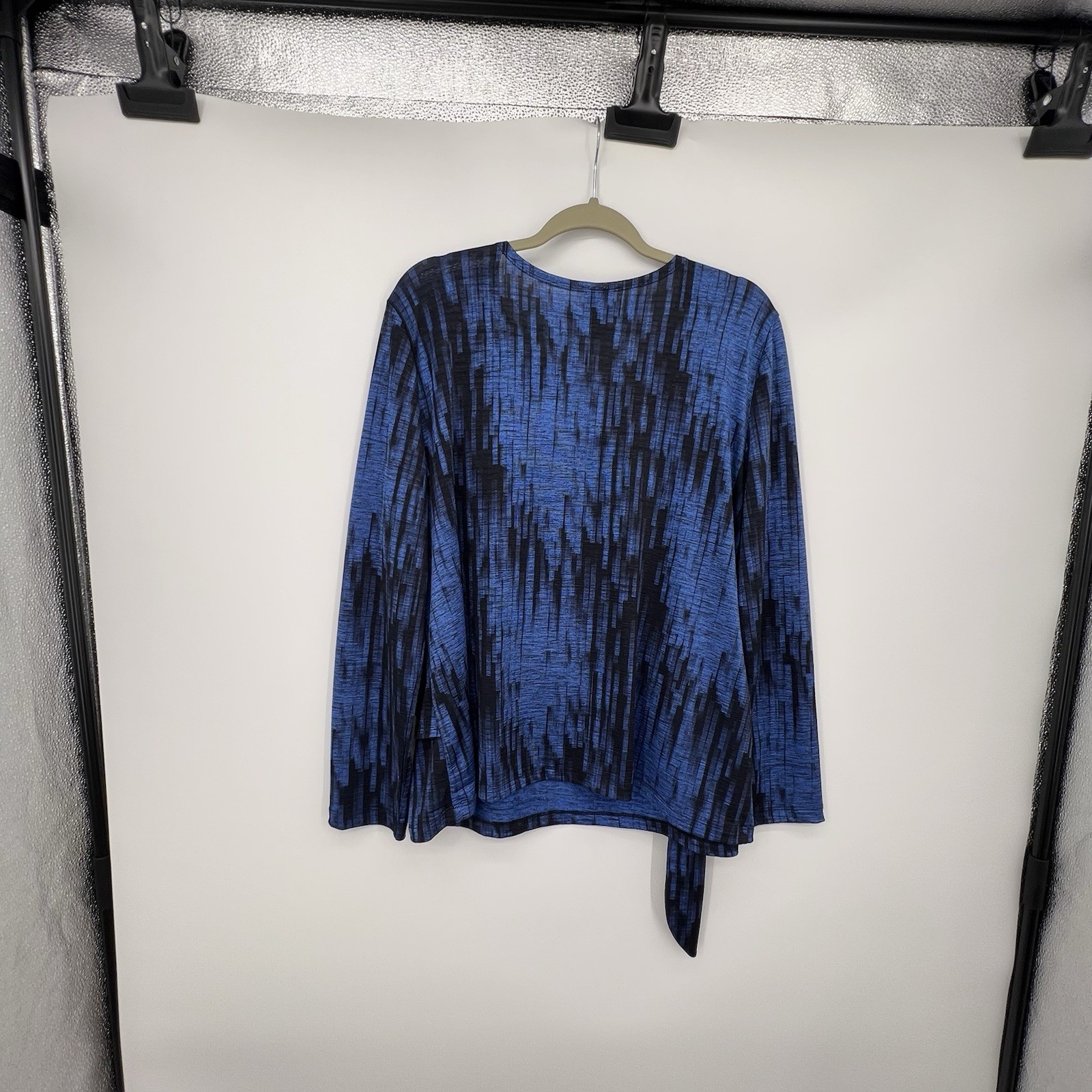 Clara Sun Woo Water Ripple Crinkle Pleat Blouson Overlay Top Sz L Side Tie Blue