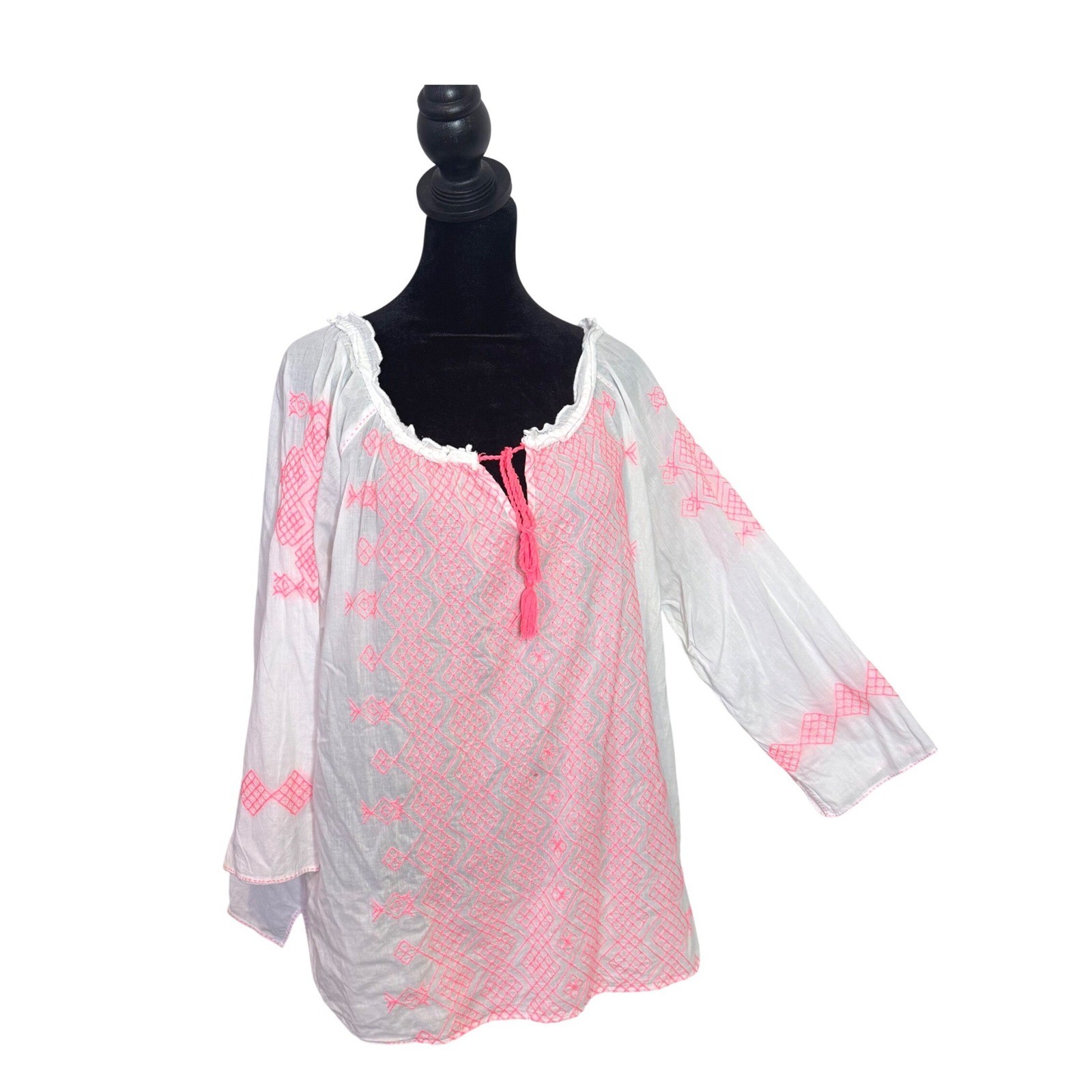 Fresh Produce Neon Pink Embroidered Tunic Top Swimsuit Cover Up Size XL Cotton