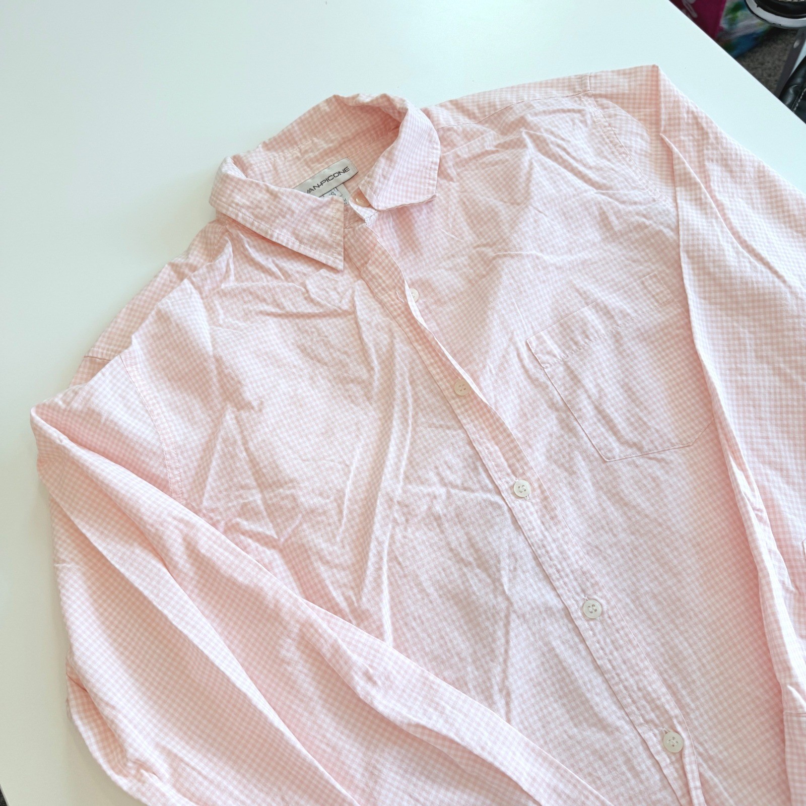 Evan-Picone Pink Gingham Button Down Shirt Womens 16 Long Sleeve Cotton Top