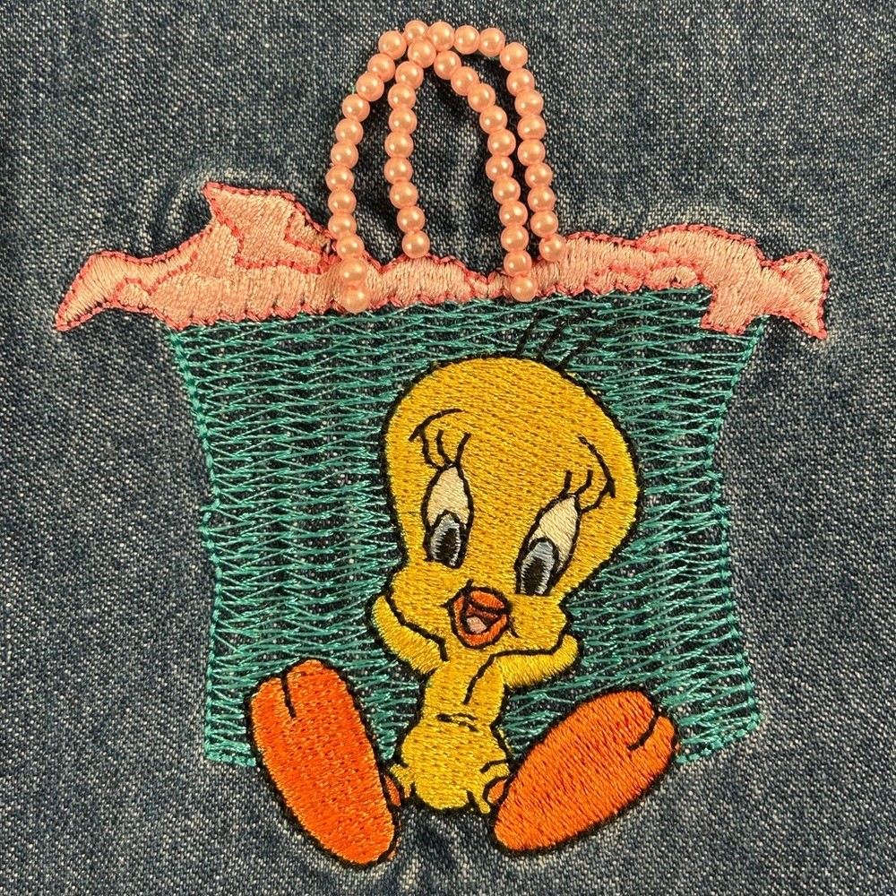 VTG Y2K Warner Bros Tweety Oversized Denim Button Down Shirt XL NWOT Embellished