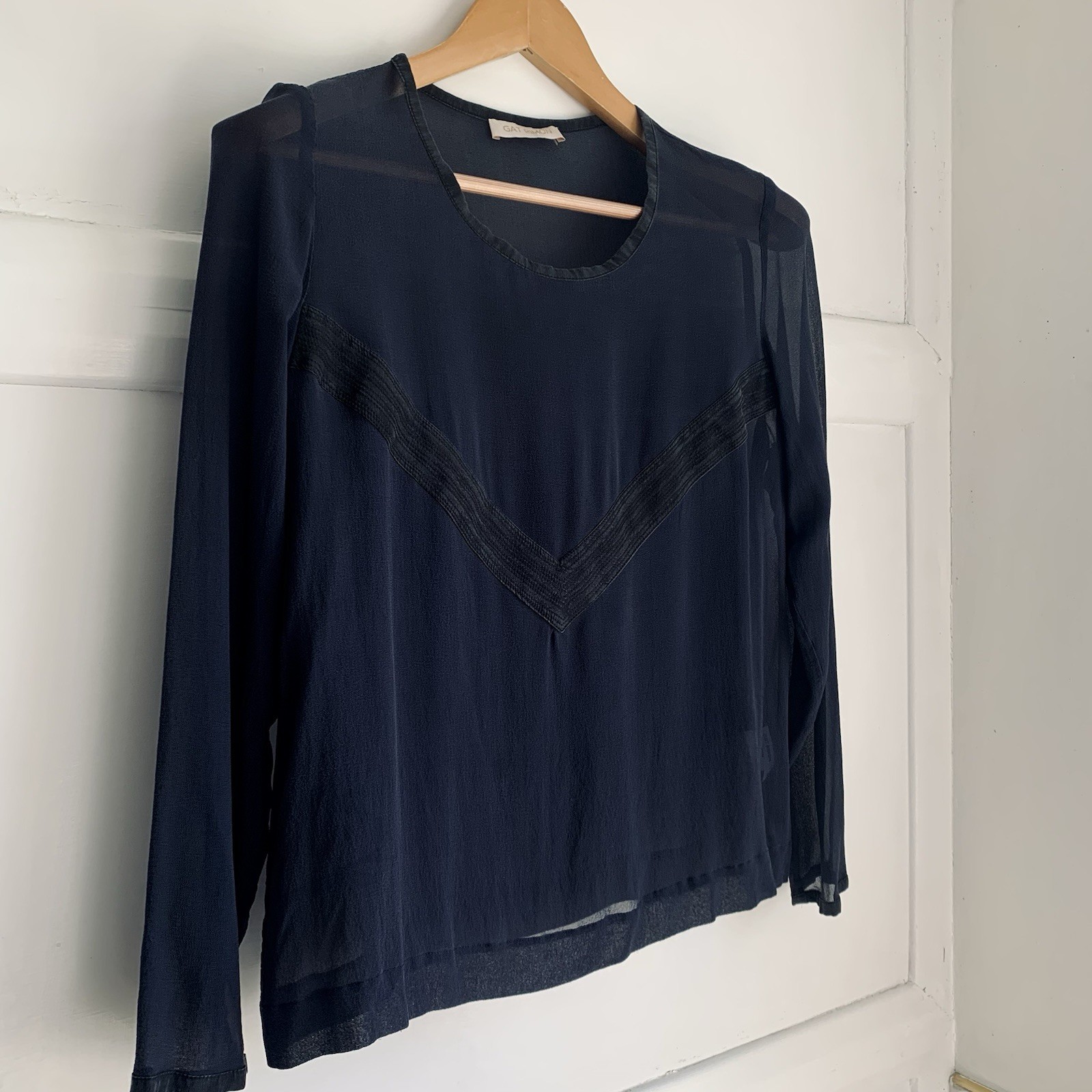 Gat Rimon 100% Pure Silk Top Womens UK 10 Midnight Blue Chevron detail Sheer