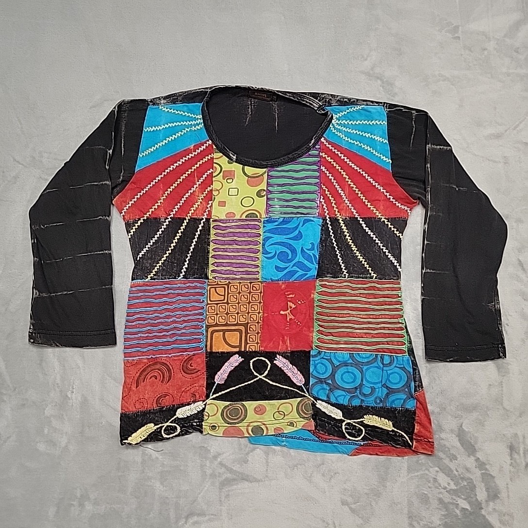 Rising International Shirt Women Large Multicolor Patchwork Boho Hippie Ethnic
