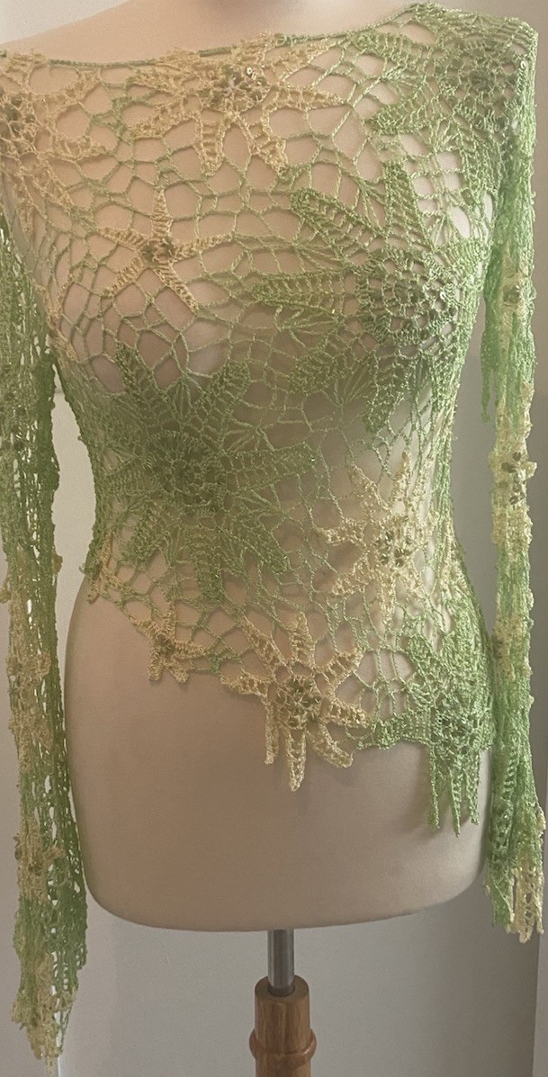 Mesh Crocheted Beaded Pullover Top Long Sleeve Green/light Yellow Wm Sm/M