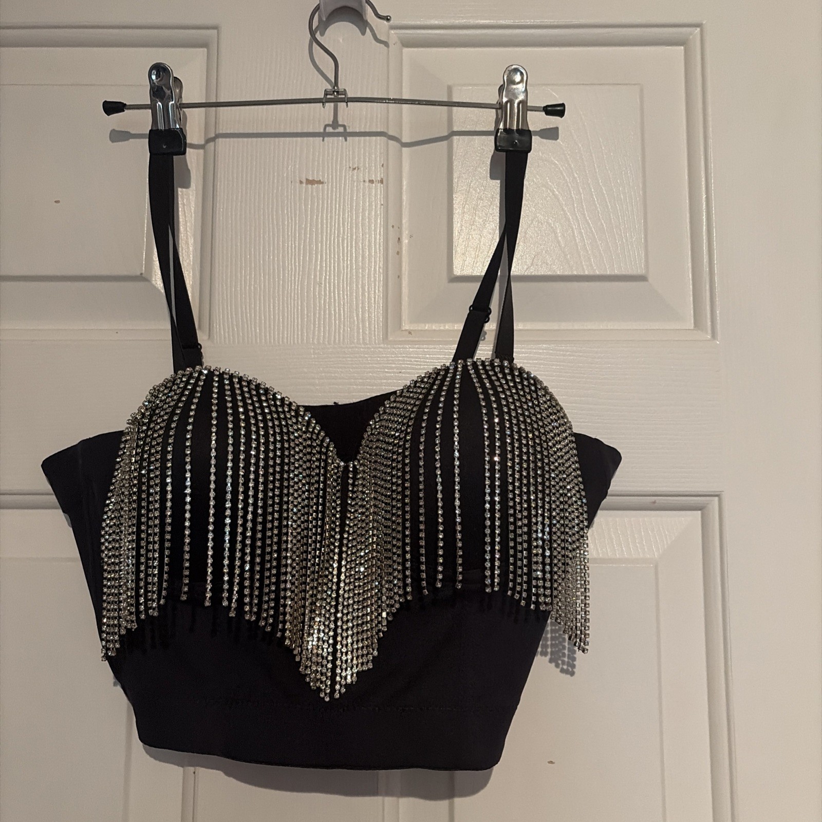 Black Rhinestone Fringe Bralette Corset Style Closure Size Small