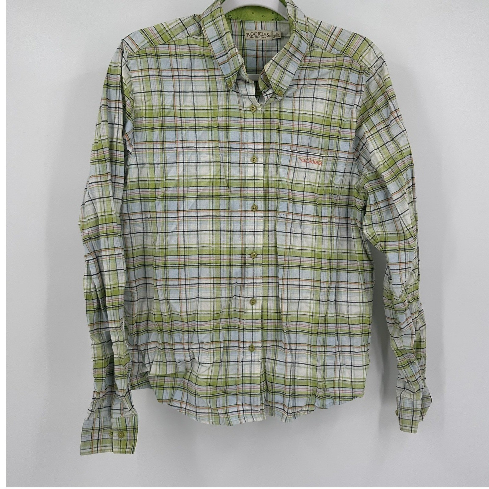 Rockies Womens Green Plaid Western Shirt Size L Cowgirl Rodeo Outdoor Gingham