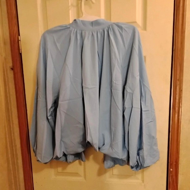 Women’s Blue Solid Tie Neck Long Sleeve Balloon Ruffle Cuff Blouse M