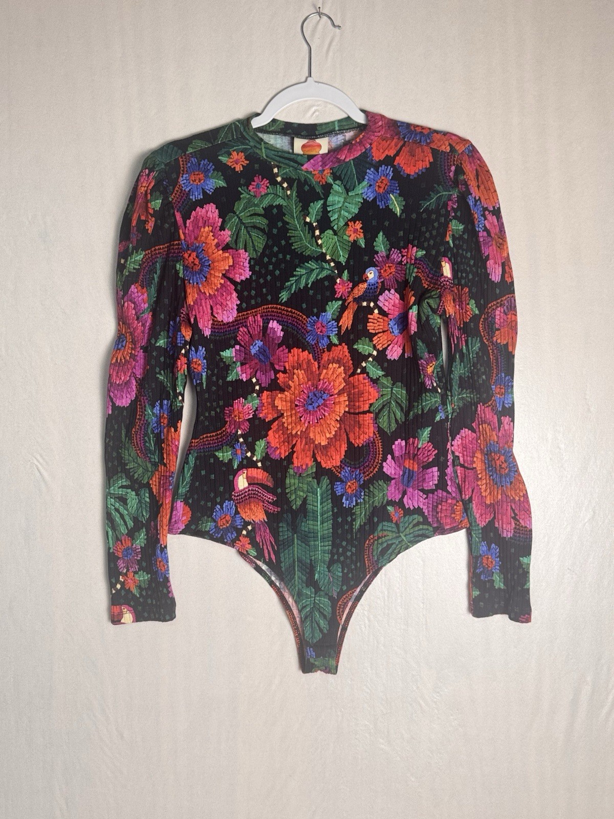 Farm Rio Blooming Garden Floral Long Sleeve Bodysuit Ribbed Cotton Stretch Sz L