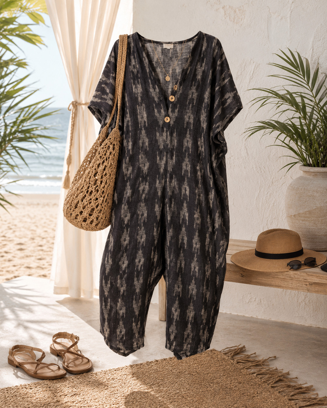 World Market Free Size Ikat Kaftan Cover Up Boho Resort Beach Tunic Black Gray