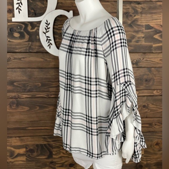 Fever | Off Shoulder Plaid Blouse Ruffle Bell Sleeve Ruffle Trim