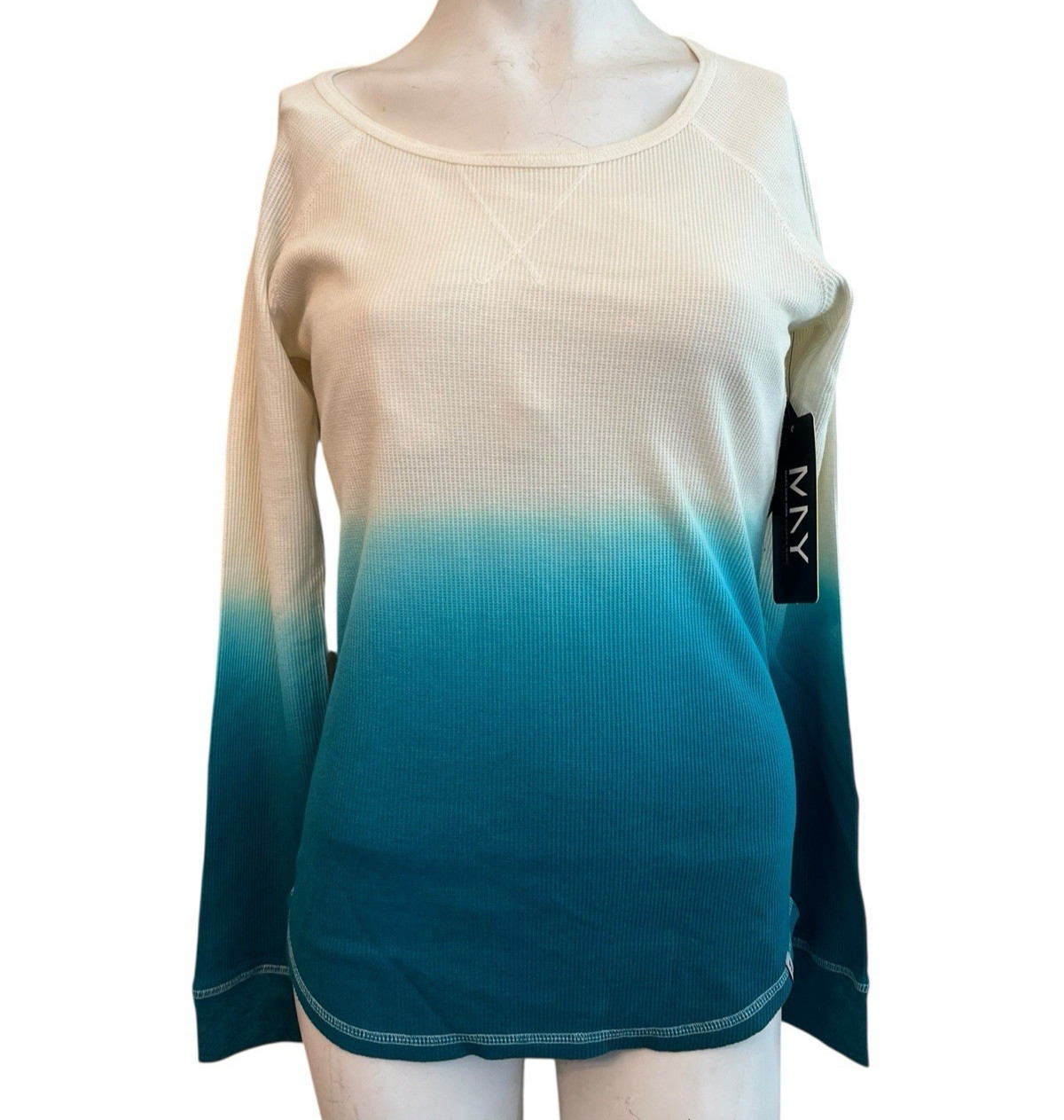 Ladies Small Waffle Weave Teal Ombre Long Sleeve Top Marc NY Performance NWT $48