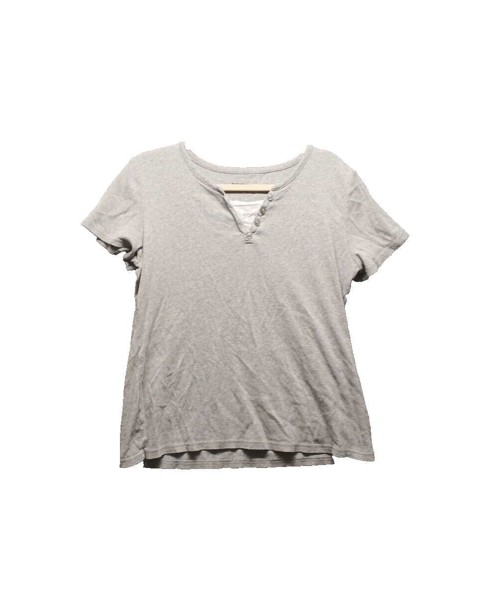 BASIC EDITIONS Henley T-shirt L(12-14) Women Casual Gray Eyelet Detail Knit