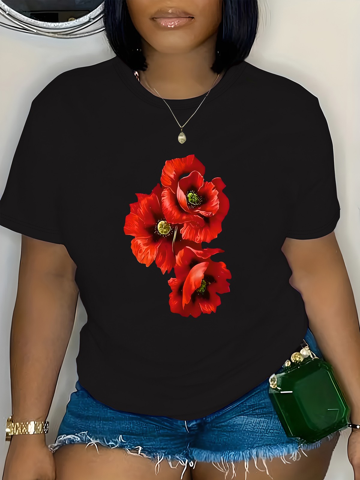Flower Graphic Print Women’s Casual Crew Neck T-Shirt Soft Summer Pullover Tops♪