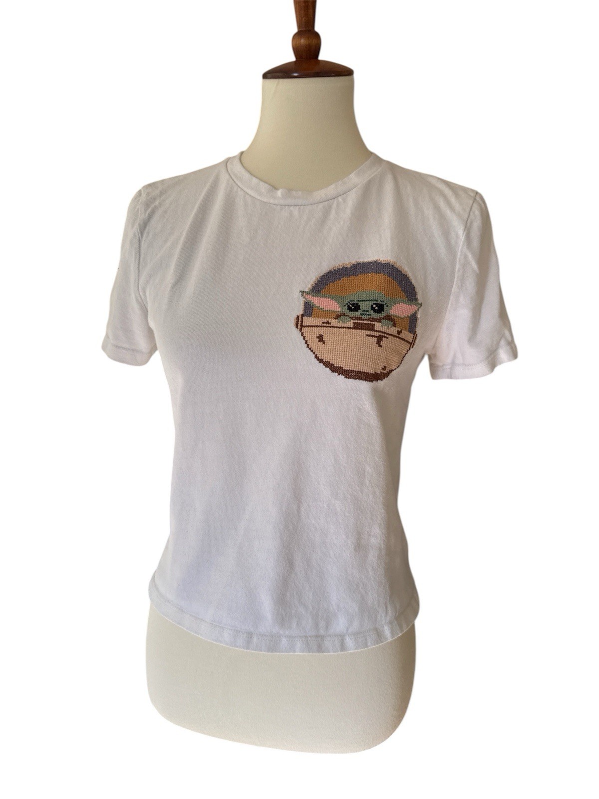 Zara Star Wars Tee with Pink Logo & Green Grogu Cross-Stitch Medium