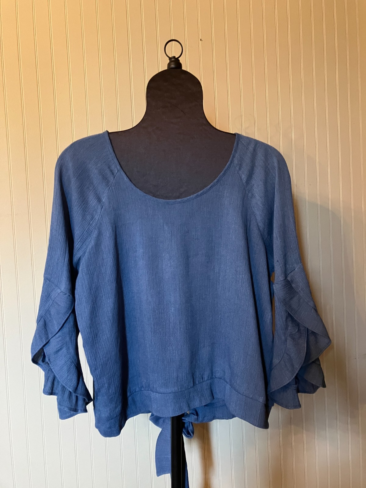 Moa Moa ~Denim Blue~3/4 Tulip Bell SLV~BOHO/Festival Crinkle Blouse ~Back Tie~XL
