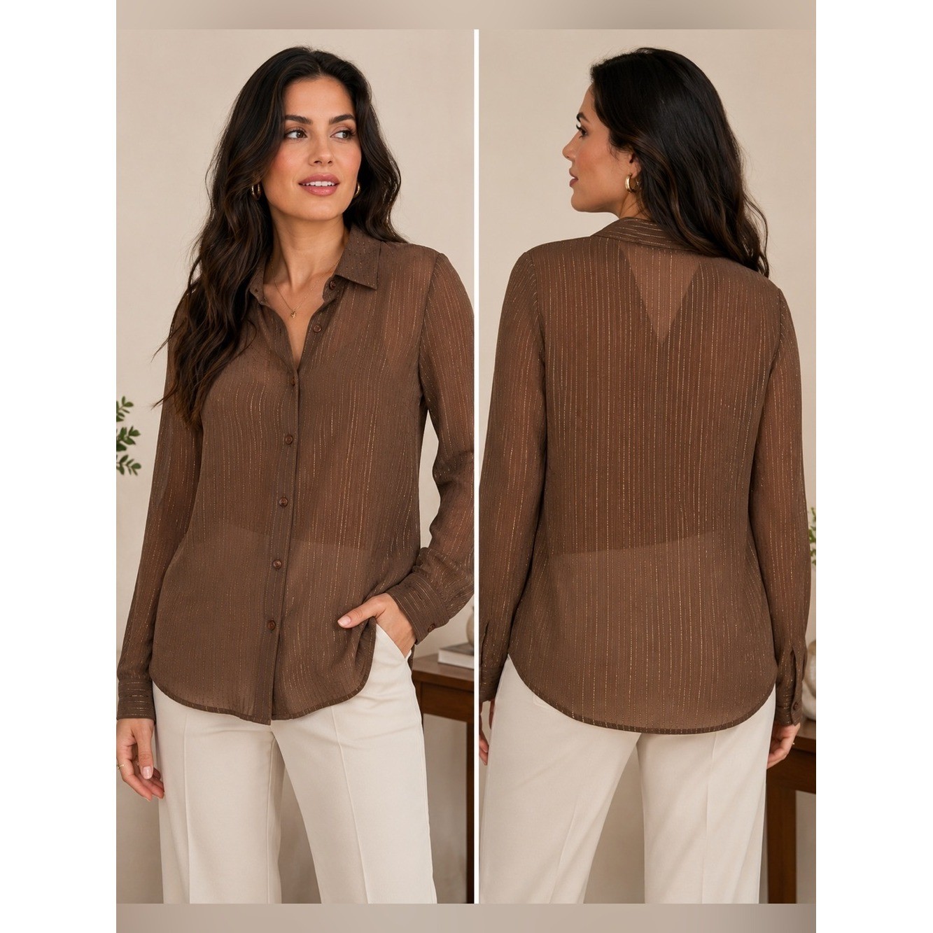 Draper’s & Damon’s Brown Sheer Metallic Stripe Blouse Classic Office Evening Top