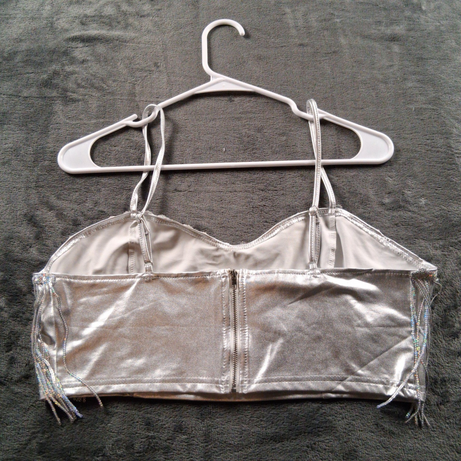 Unbranded Metallic Fringe Crop Top Womens M Silver Beaded Festival Rave Party