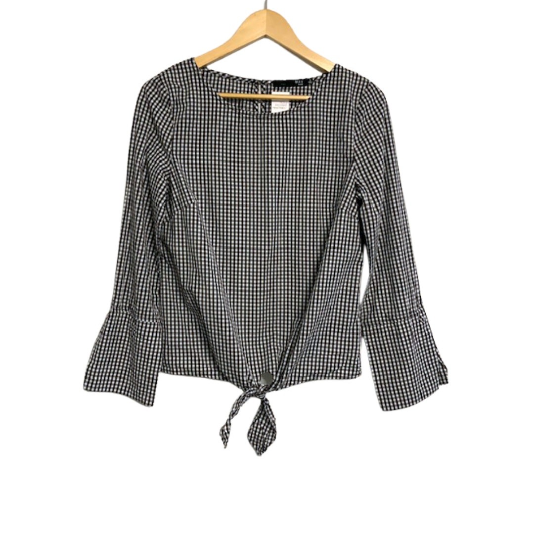 MAX JEANS Black White Gingham Front Tie Long Sleeve Cotton Womens Top | S